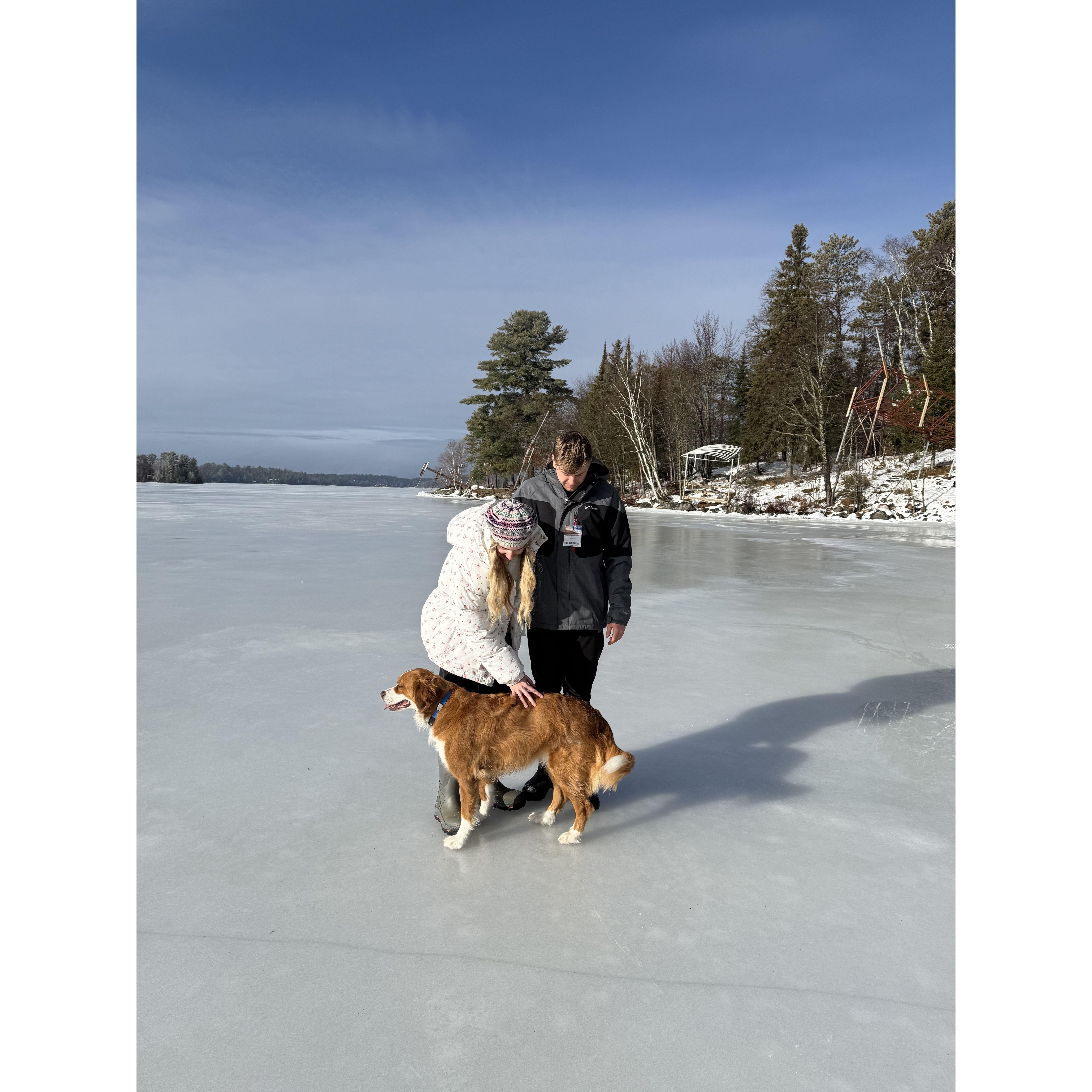 Walking on a frozen Lake Vermilion with our doggy niece Maggie