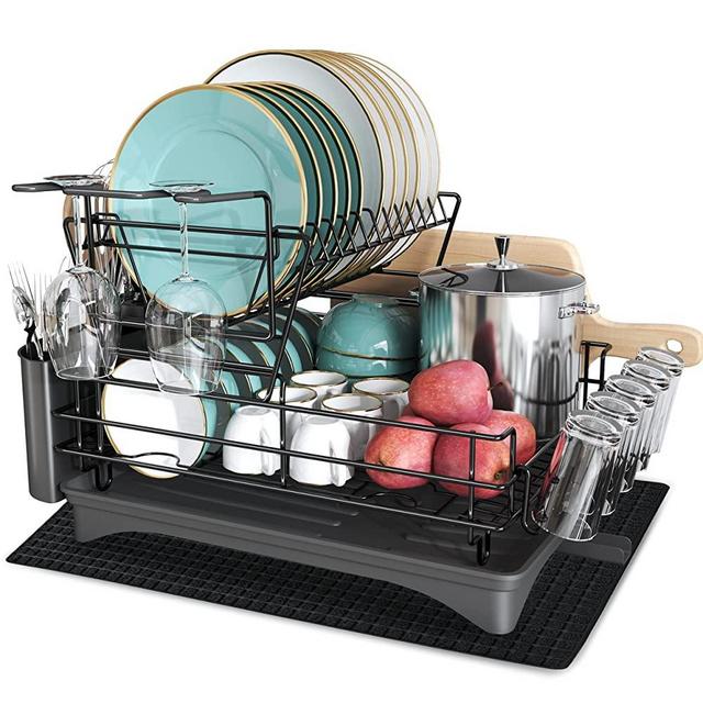 Qienrrae Black Large Dish Drying Rack with Drainage Stainless Steel 2 Tier Dish Rack and Drainboard Set for Kitchen Counter Dish Drainer with Utensil Holder, Cutting Board Holder and Dish Drying Mat