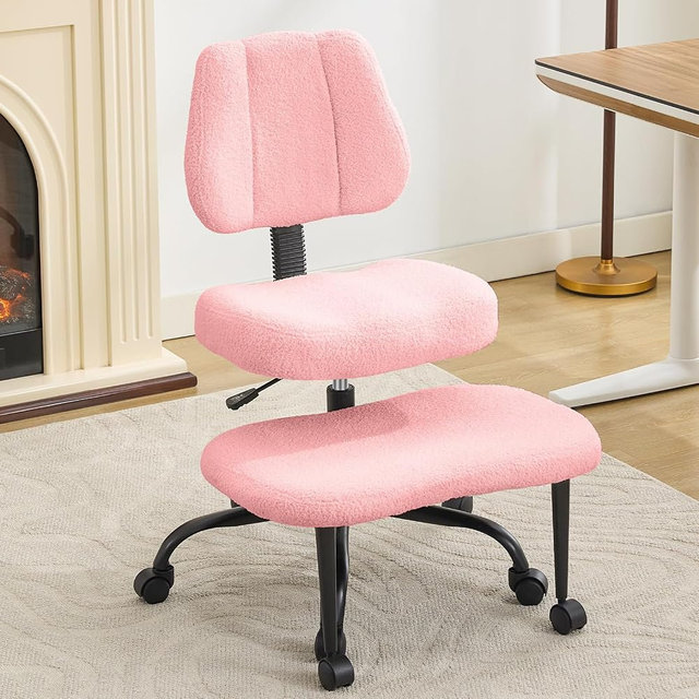 Criss Cross Legged Meditaion Chair,Exquisite Home Office Furniture,Ergonomic Kneeling with Lumbar Support and Adjustable Height Stool,for ADHD Adults,Teddy Fabric (Pink, Teddy Fabric)