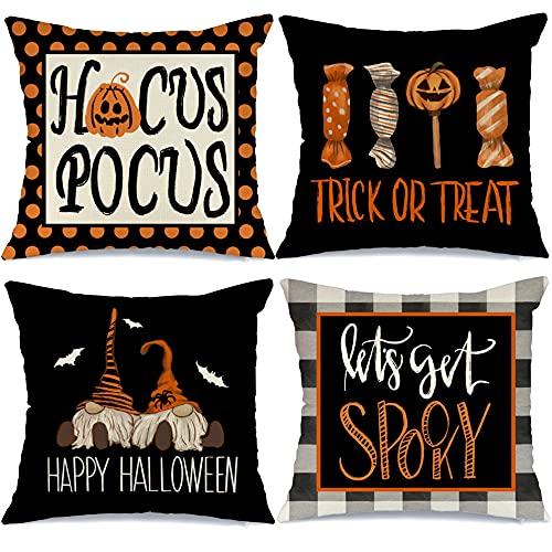 CROWNED BEAUTY Fall Happy Halloween Throw Pillow Covers 18x18 Set of 4, Hocus Pocus Pumpkin Gnome Trick Or Treat Buffalo Plaid Spooky Holiday Pillow Case Farmhouse Decor for Home Sofa CP030-18