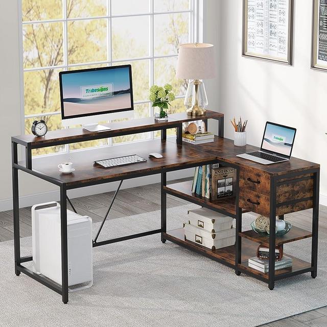 Tribesigns Reversible L Shaped Desk with Drawer, Industrial Corner Desk Home Office Table with Storage Shelves and Monitor Stand, Rustic Wooden and Metal PC Desk for Small Space (Rustic)