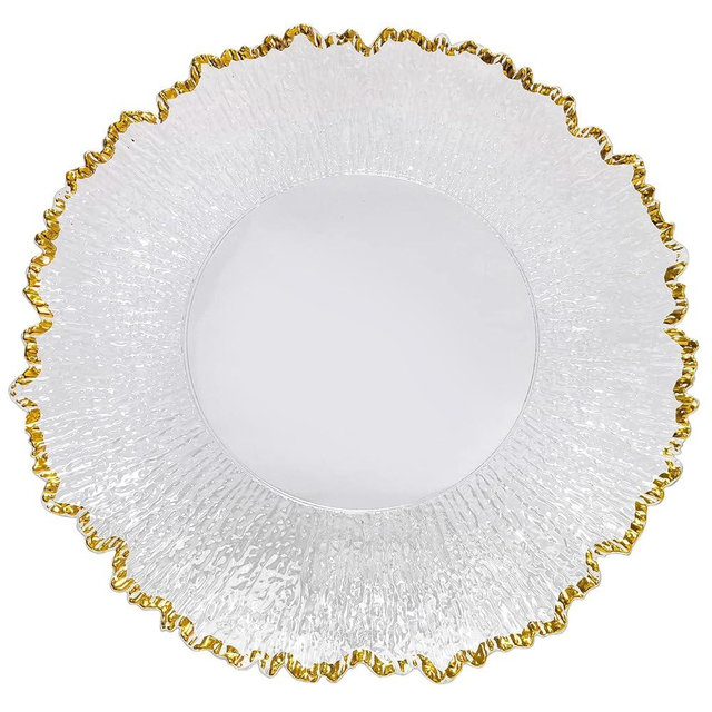 CN.JIAHE 13inch Clear Acrylic Gold Rim Charger Plates,Set of 8, Gold Reef Textured Rim Charger Plates for Dinner,Wedding,Party,Event Decoration.