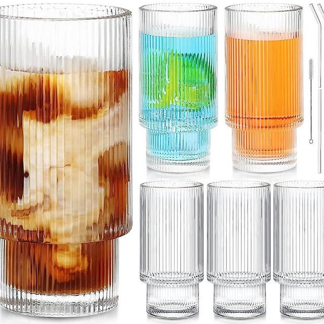 MITINGKA Ribbed Glassware, Ribbed Glasses 12oz, Ribbed Glass Cups with Straws, Vintage Glassware Fluted Glassware, Drinking Glasses Set of 6, Iced Coffee Cup for Cocktail, Beer, Juice, Decor, Gift
