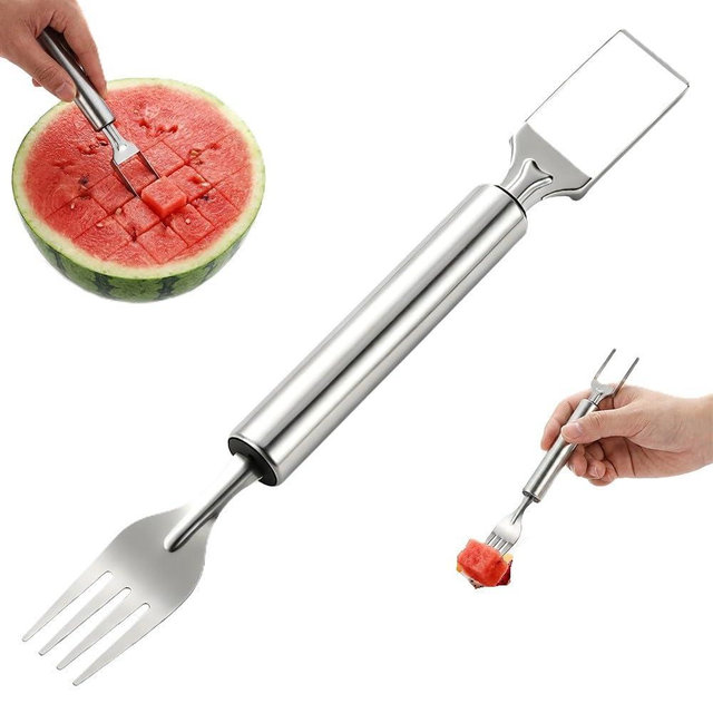 2-in-1 Stainless Steel Fruit Cutter, 2026 New Watermelon Slicer with Fork, Dual Head Fruit Fork Slicer Tool for Cubes, Round Handle Fruit Knife for Home Kitchen, Picnic & Party (1PC)