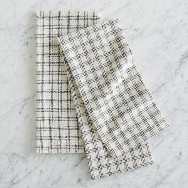 French Striped Patchwork Organic Cotton Tea Towels, Set of 2 - Charcoal/Flax