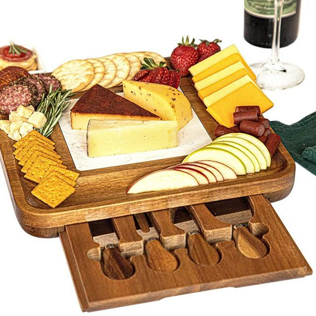 PREMIUM WOOD CHEESE BOARD, Marble Cutting Board, Cheese Knife Set, 4 Knives, Goods Accessories Tray Slides in CheeseboardPremium Wood Cheese Board & Charcuterie Board, Cheese Knife Set, Marble Plate