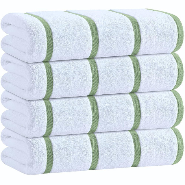 White Classic Cotton Pool Towels Oversized 30 x 60 Inches, Ultra Absorbent and Low Lint Striped Beach Towels for Adults, Stripes Design Luxury Extra Large Bath Towels, Green, 4 Pack