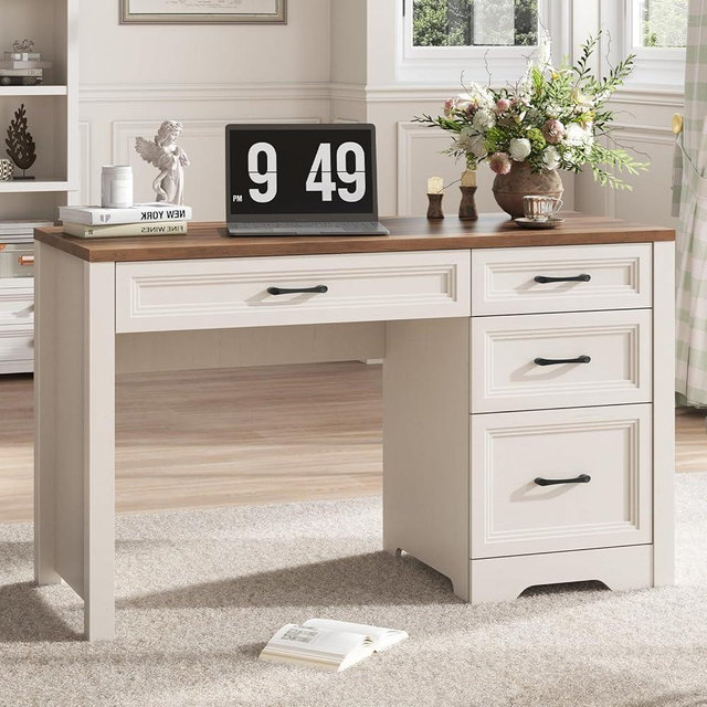 Vabches Farmhouse Executive Desk with Drawers, Home Office Desk with File Drawer, Wood Computer Desk with Ample Storage, Rustic Office Desk with Spacious Tabletop for Work, White