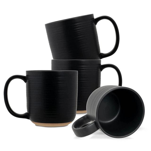 Elanze Designs Ribbed Ceramic Stoneware 13 ounce Raw Clay Bottom Coffee Mugs Set of 4, Black
