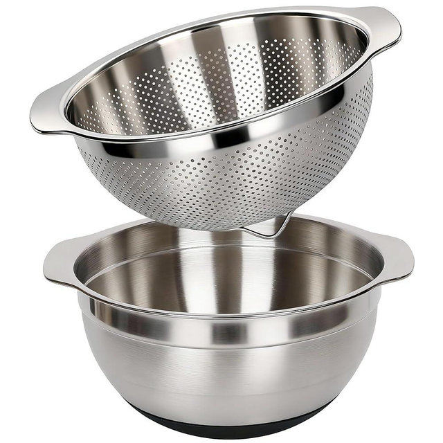 304 Stainless Steel Colander, 2.5 QT Capacity and 2.5 QT Mixing Bowl, Micropore Strainer for Washing Rice, Fruit, and Veggies, Perfect Draining for Cooked Pasta
