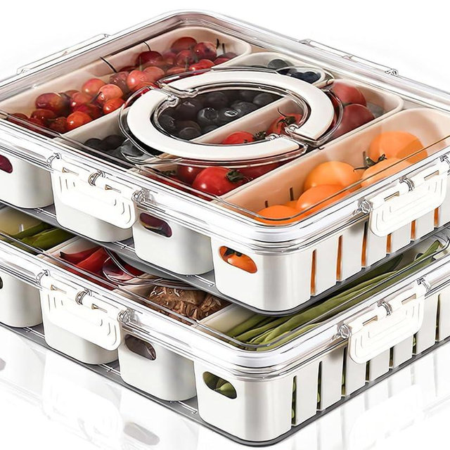 YFUIF 1/2 Pcs Portable Picnic Parties Fruit Tray, 4 Compartment Fridge Food Veggie Condiment Divided Serving Preservation Storage Containers, Kitchen Clear Snackle Box Candy Organizer with Lid Handle