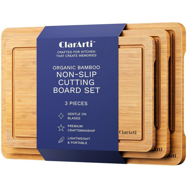 ClarArti - Organic Bamboo Cutting Boards for Kitchen – Set of 3 Non-Toxic Wood Cutting Board with Non-Slip Design – Durable Anti-Slip Bamboo Boards for Chopping & Serving