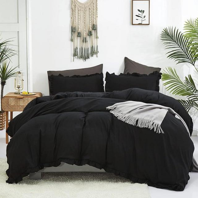 Luxlovery Black Ruffle Comforter Set California King Champange Farmhouse Bedding Comforter Set Shabby Boho Taupe Blanket Quilts Vintage Chic All Black Color Bohemian Comforter Set for King Bed