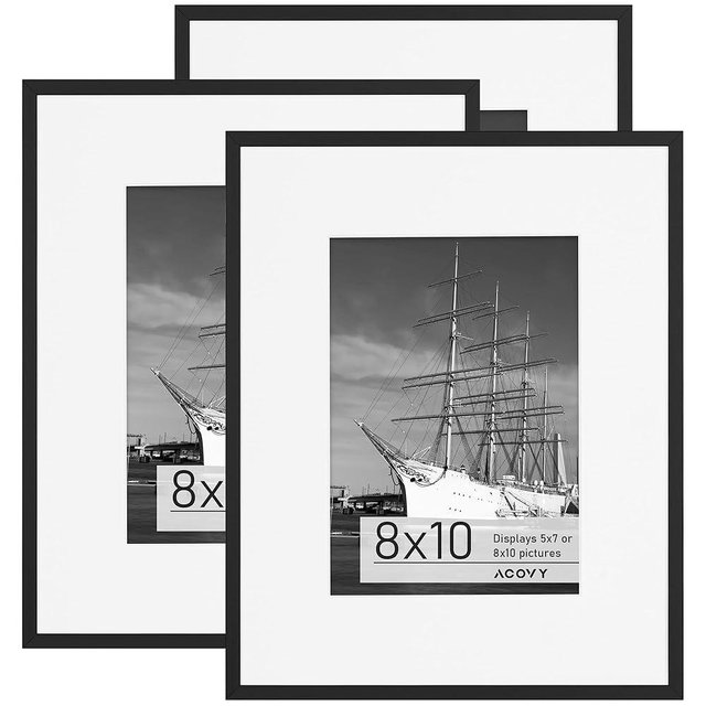 Acovy 8x10 Picture Frame, Aluminum 8x10 Frame Matted to 5x7, 8x10 Photo Frame with High Definition Plexiglass, Metal 8x10 Frame for Wall or Tabletop Display, Wall Hook Included (Black, Pack of 3)