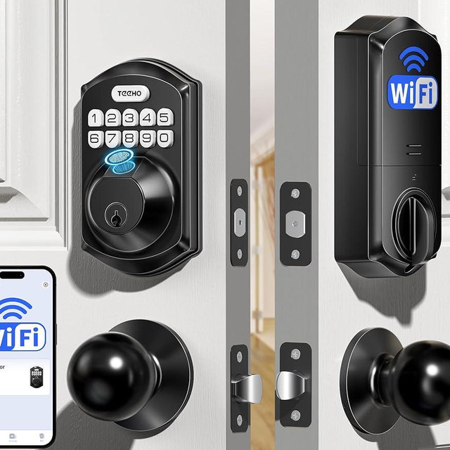 TEEHO TE012W-K WiFi Smart Keyless Entry Door Lock with Handle, Fingerprint Door Knob & Digital Keypad, APP Remote Control, Works with Alexa & Google, Electronic Deadbolt for Front Door, Matte Black