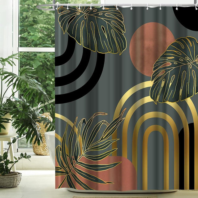 TWLSNCD Boho Brown Black Mid Century Shower Curtain Modern Minimalist Abstract Bohemian Geometric Retro Arch Leaf Waterproof Fabric Bathroom Decor 72" X 72" with 12 Hooks Simple Bath Curtain Sets