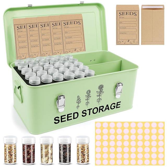 60 Slots Seed Storage Organizer, Metal Seed Saving Box with Lid and Safety Locks, Seed Bin Seed Storage Container with 20 Seed Envelopes and 20 Labels, 3 Compartments, Perfect for Flower Plants Garden