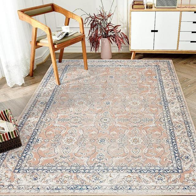 jinchan Area Rug 8x10 Persian Rug Pink Vintage Rug Traditional Mat Retro Accent Rug Distressed Indoor Foldable Thin Rug Floral Print Rug Non Slip Carpet Living Room Dining Room Office Floor Cover