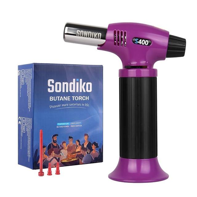 Sondiko Butane Torch Lighter S400, Refillable Kitchen Torch, Fit All Butane Tanks Blow Torch with Safety Lock and Adjustable Flame for Desserts, Creme Brulee, and Baking, Purple