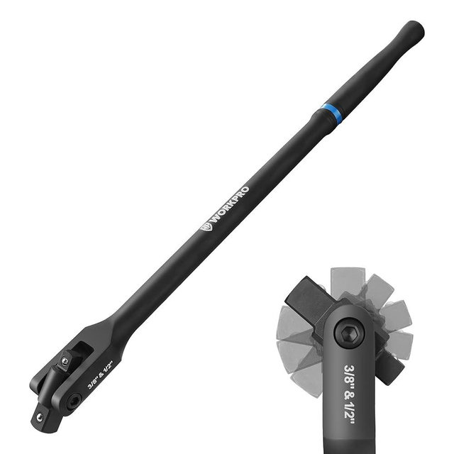 WORKPRO 16-inch Dual Drive Breaker Bar, 3/8" & 1/2" Drive, Heavy Duty Breaker Bars with 360° Flex Head, Spring-loaded Detent Ball, CR-MO Head, Premium Chrome Vanadium Steel with Black Phosphate Finish
