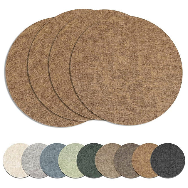 13" Round Placemats Set of 4, Reversible Faux Leather Heat Resistant Table Mats, Waterproof Oilproof Wipeable Table Protective Placemats for Vinyl, Washable for Indoor & Outdoor Use (4, Light Brown)
