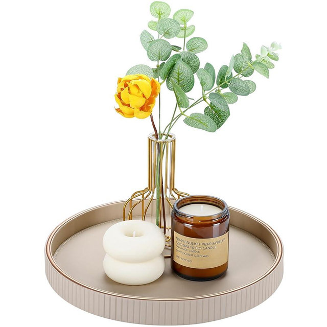GORESE Round Decorative Tray for Coffee Table Decor, 12" PU Leather Serving tray Table Centerpiece Home Decor, Desk Valet Tray for Trinket Jewelry Perfume Key, Ottoman Tray Nightstand Organizer, Biege