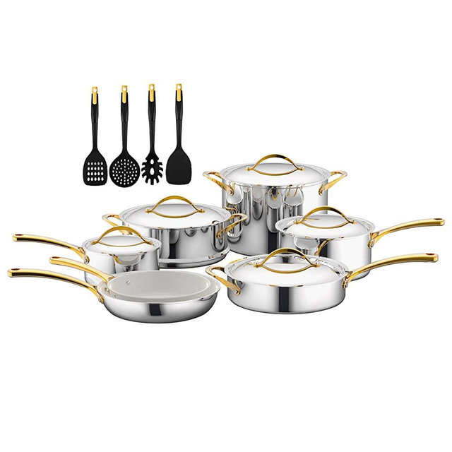 Kitchenware Pots & Pans Set - 16-Piece Set Clad Kitchen Cookware with Nylon Utensils, Fry Pan Interior Coated with Prestige Ceramic Non-Stick Coating, Stylish Kitchen Cookware