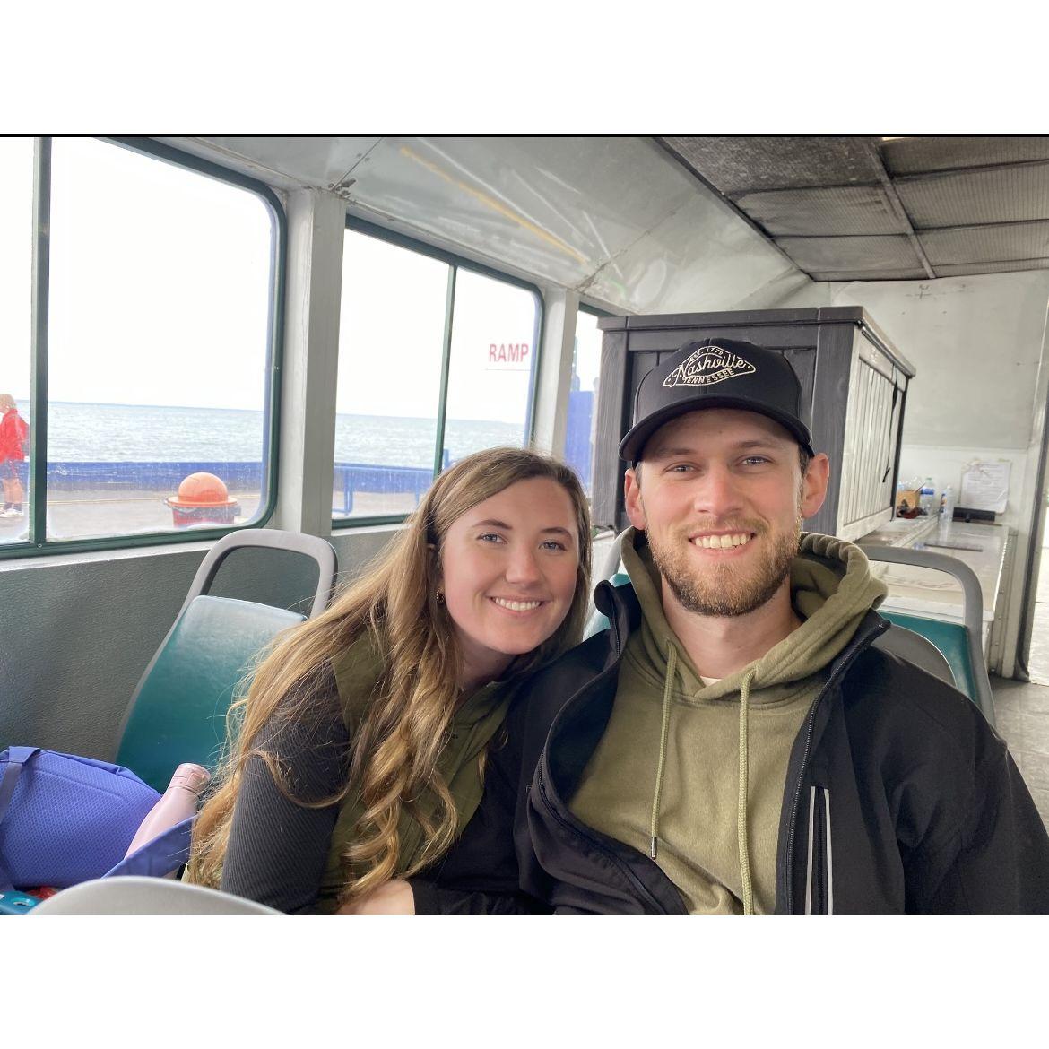 Just moments before our engagement, on the ferry ride over to Mackinac Island.