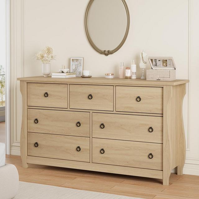 Garvee 7 Dresser for Bedroom, 54" Wide Drawer Dresser with Storage Chest, Freestanding Wooden Closet Storage Chest for Bedroom, Natural Oak