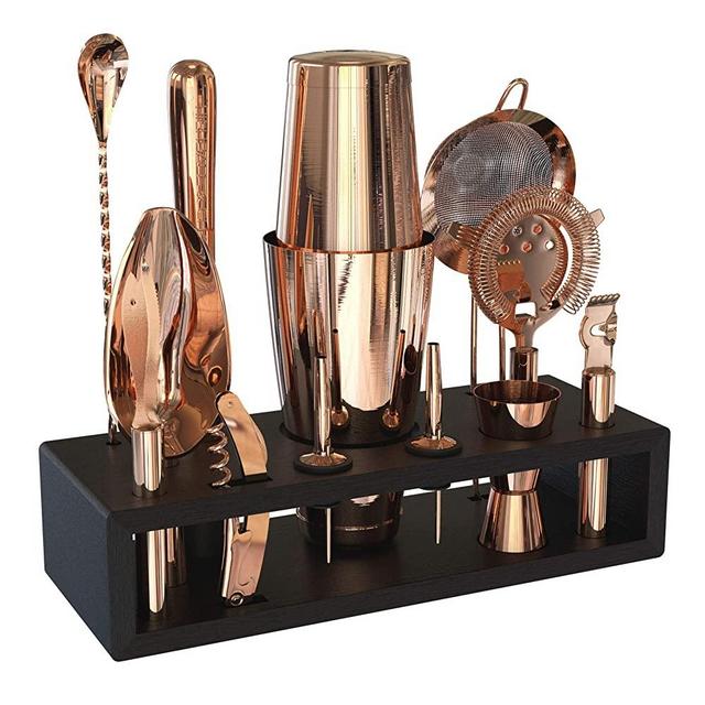 Highball & Chaser Premium Bartender Kit with Espresso Bamboo Stand Beautiful Cocktail Shaker Set with Highest Quality Bar Tools Copper Finish Stainless Steel Boston Shaker Bartender Kit with Stand