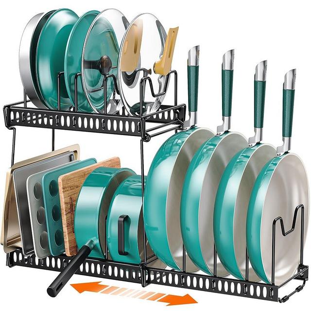 MonaSixy Pots and Pans Organizer Under Cabinet,2-Tier Expandable Pan Organizers Inside Cabinet,3-Pack Pot Lid Rack Holder Kitchen Storage,14 Adjustable Divider for Frying Pan,Pot,Cookware,Baking Sheet