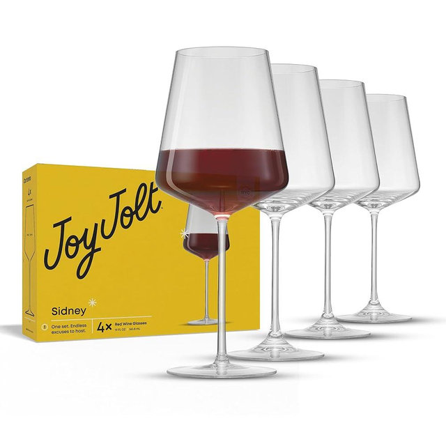 JoyJolt Sidney Red Wine Glasses Set of 4 | 19 oz Modern Wine Glasses with Long Stem | Home Bar Glass Set | Wedding Registry, Birthday, Anniversary, Gifts | Premium Crystal Stemware Made in Europe