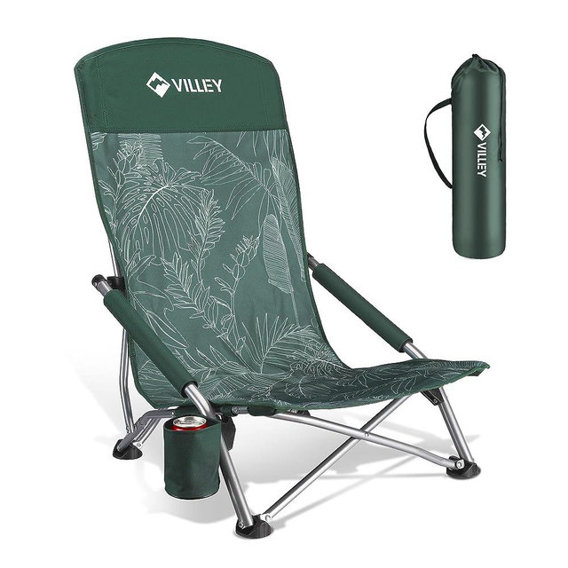 VILLEY Low Beach Chair, High Back Folding Beach Chair for Adults, Lightweight and Portable for Outdoor, Beach, Camping, Lawn, Music Festival, with Cup Holder and Carry Bag-Vintage Green Leaves