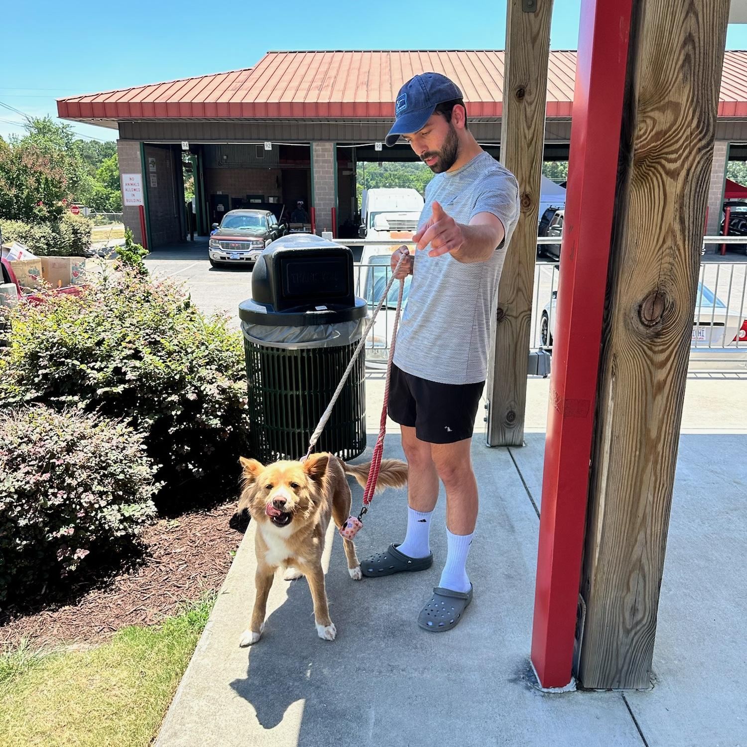 Seth and Stevie visiting Macey at work - she was more focused on the food she was smelling. (June 2024)
