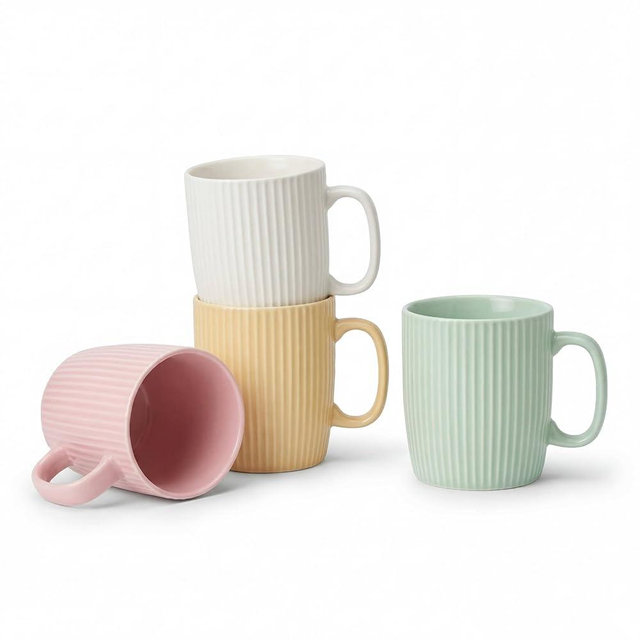 BONSENZO Coffee Mugs Set of 4, 14oz Ceramic Coffee Cups Set, Modern Ribbed Striped Coffee Cups with Large Handles for Latte, Tea, Cocoa, Dishwasher & Microwave Safe, Lead-Free, Stackable