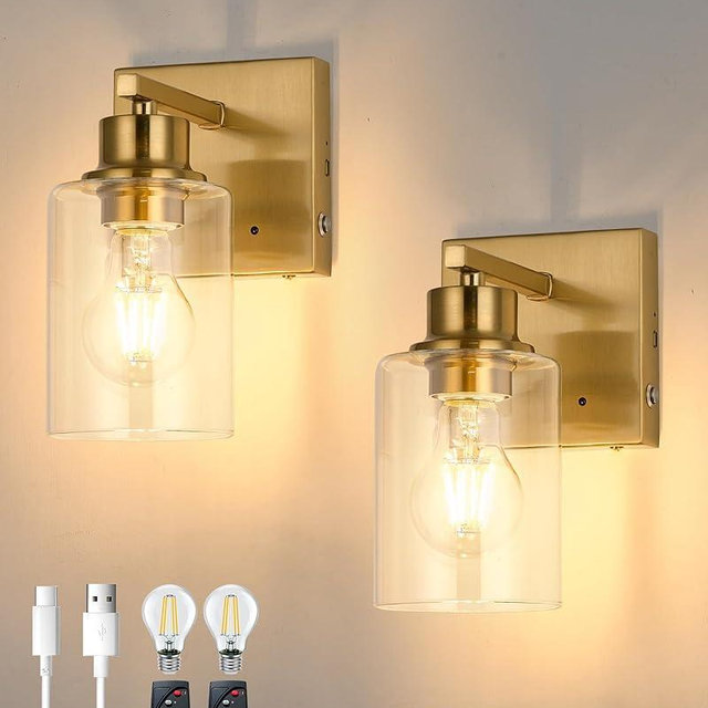 Rayogale Gold Battery Operated Wall Sconce Set of 2, Dimmable Wireless Sconces with Remote Control, Rechargeable Wall Lights Modern Cordless Wall Lamp for Living Room, Bedroom (Include 2 Bulb)