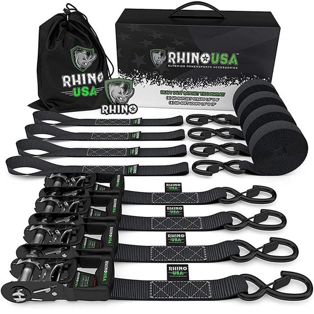 Rhino USA Ratchet Straps Heavy Duty Tie Down Set, 5,208 Break Strength - (4) Heavy Duty 1.6" x 8' Cargo Tiedowns with Padded Handles & Coated Chromoly S Hooks + (4) Soft Loop Tie Downs Strap (Black)