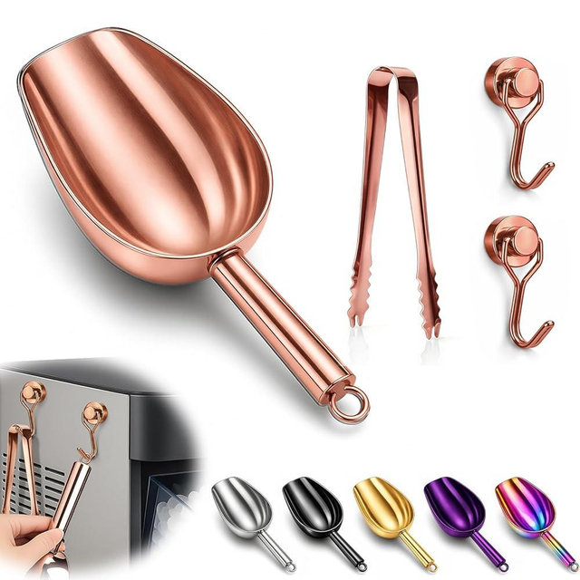 Stainless Steel Ice Scoop for Freezer with Magnetic Hook & Ice Tongs - Ice Scoop for GE Profile Opal 2.0 Nugget Ice Maker, for Kitchen Bar Party Accessories (6OZ- Rose Gold)