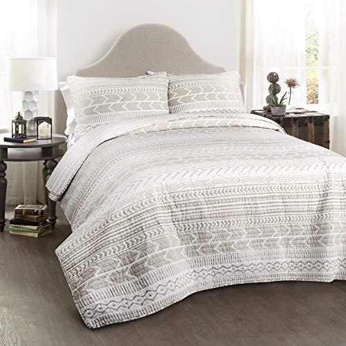 Lush Decor Hygge Geo 3 Piece Quilt Set, King, Taupe & White