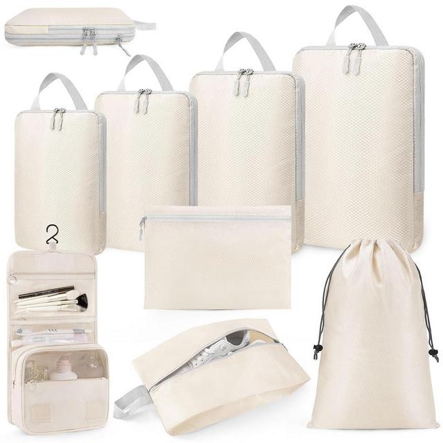 Anjing Compression Packing Cubes, 8 Set Travel Packing Cubes for Carry on Suitcases, Expandable/Compression Bags for Clothes,Ultralight Packing Cubes (Beige)