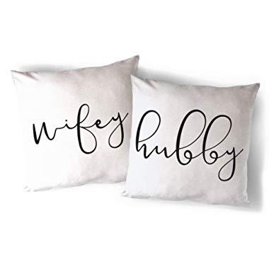 The Cotton & Canvas Co. Hubby and Wifey Home Decor Pillow Cover, Pillowcase, Cushion Cover and Decorative Throw Pillow Case, 2-Pack (Natural Color, Not White)