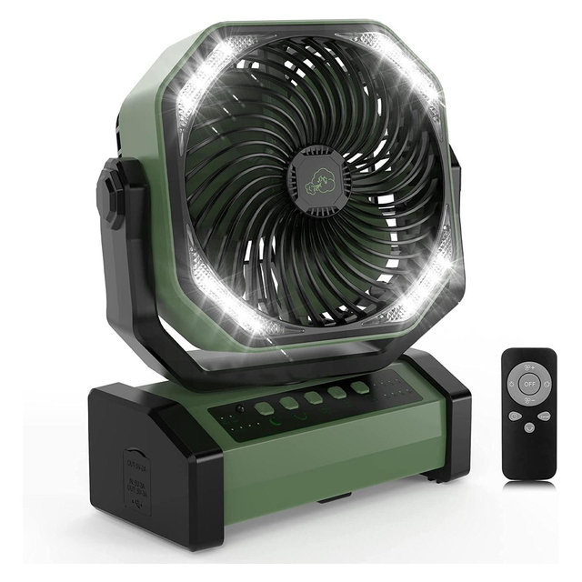 PANERGY 20000mAh Camping Fan with LED Light, Auto-Oscillating Desk Fan with Remote & Hook, Rechargeable Battery Operated Tent Fan - Army Green