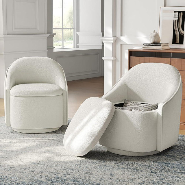 LINSY Swivel Accent Chair Set of 2, Comfy Chenille Barrel Chairs with Storage 360 Swivel Modern Armchair for Living Room Bedroom, Small Boucle Reading Chair for Study Room (Beige)