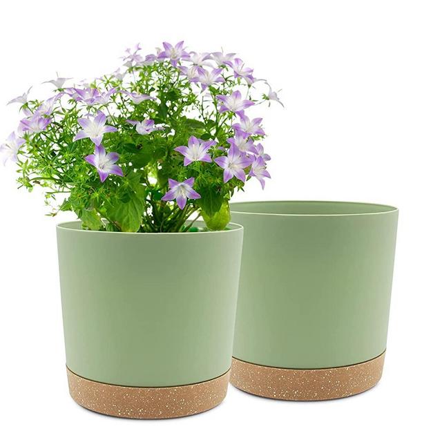 Plant Pots Set of 2 Pack 10 inch,Planters for Indoor Plants with Drainage Holes and Removable Base,Saucer Modern Decorative for Outdoor Garden Planters( Green 10in)