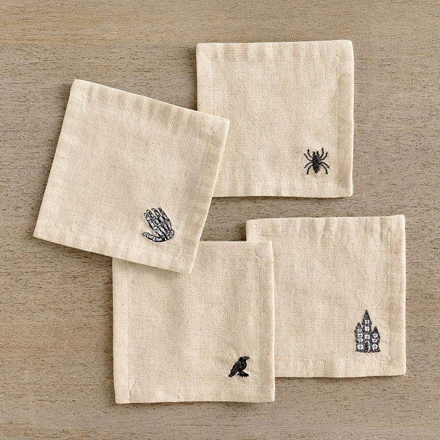 Halloween Icon Embroidered Cocktail Coasters - Flax/Black