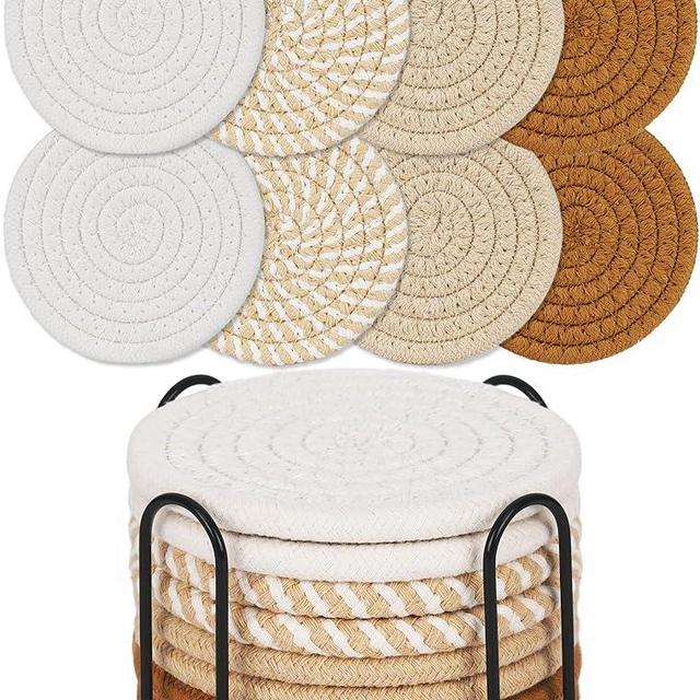 8 Pcs Drink Coasters with Holder, Boho Coasters for Drinks Absorbent, Minimalist Cotton Woven Coasters Set for Coffee Table Home Decor Bar Tabletop Protection, Suitable for Kinds of Cups 4.3 Inch