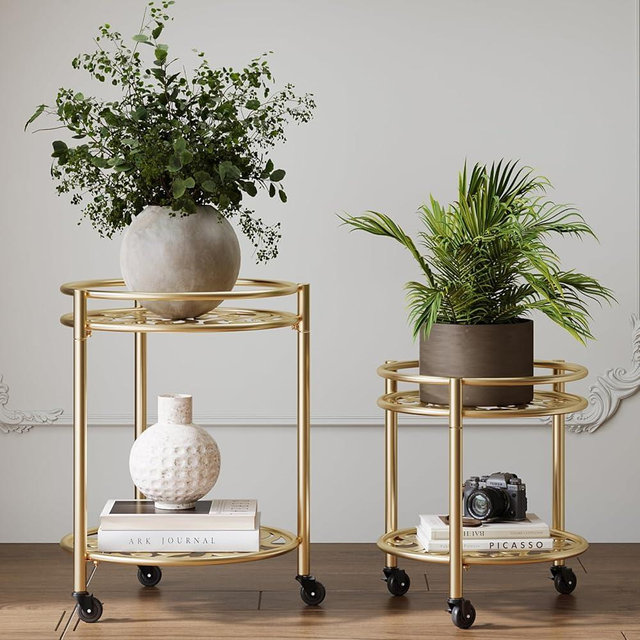Rioneta 2 Tier Rolling Plant Stand with Wheels, Mid Century Modern Metal Stand for Planters, 2 Sizes 9 Inch & 11 Inch, Indoor Outdoor Movable Flower Pot Holder for Decor Home Garden Patio Load Bearing 165 LB 2 Pack Gold