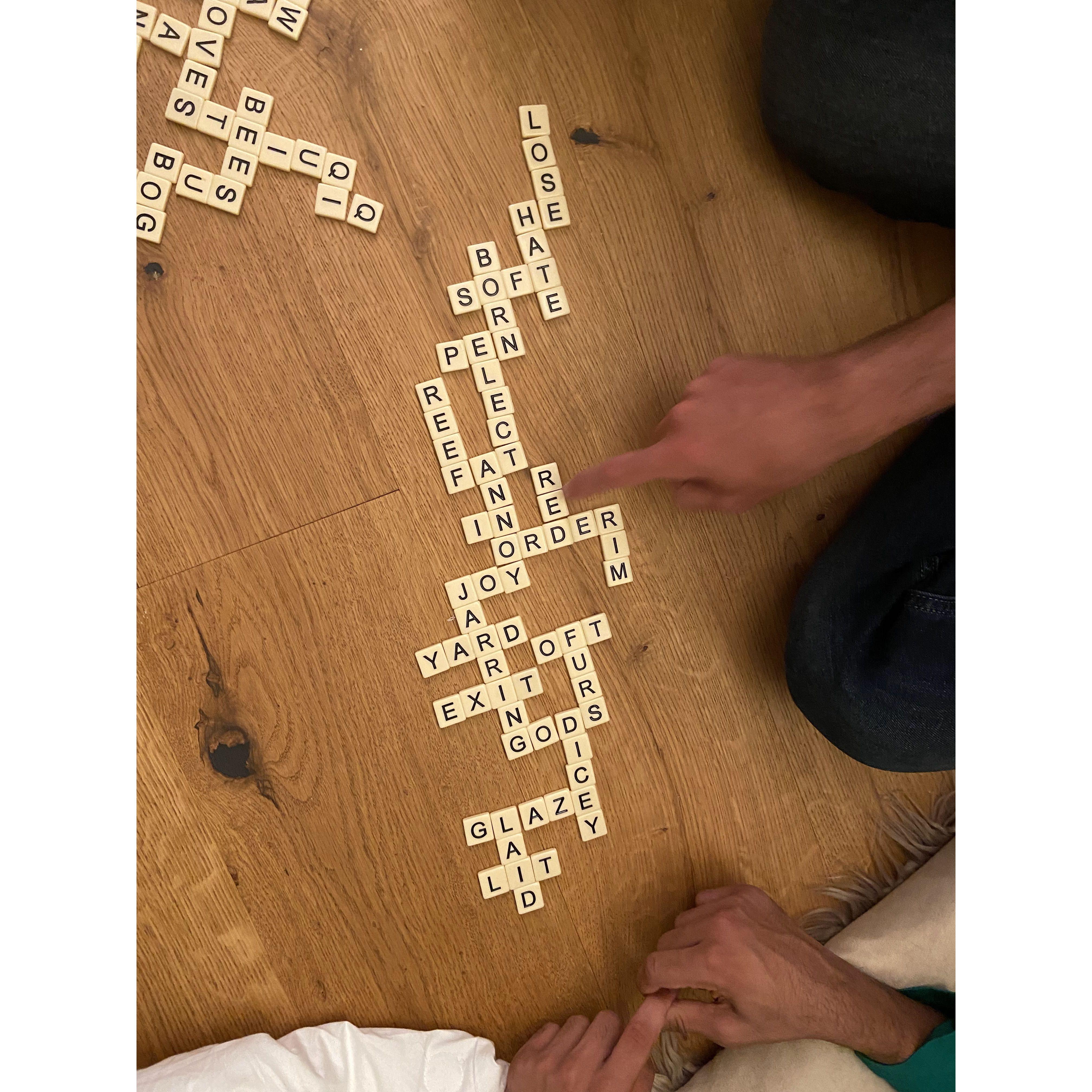 Playing one of our favorites - bananagrams. Now the question is.. who won this round?