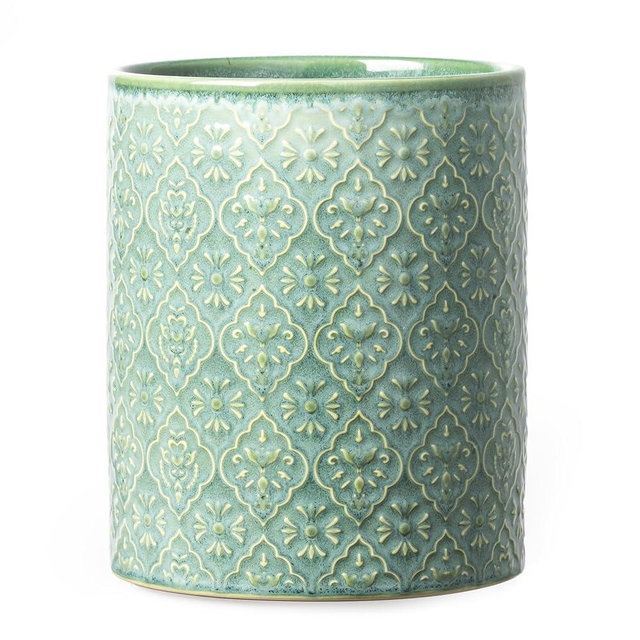 MIKIGEY Kitchen Utensil Holder, 6x7 inch Large Ceramic Utensil Holder with Embossed Pattern, Cooking Utensil Crocks for Kitchen Countertop, Home Decor, Forest Green