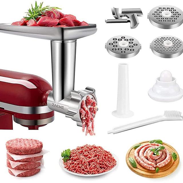 Metal Meat Grinders Attachments for All Kitchenaid Stand Mixers, Electric Food Processor Veggies Shredder Kitchen Aid Mixer Accessories with 2 Sausage Stuffer and 4 Grinding Blades (Silver)